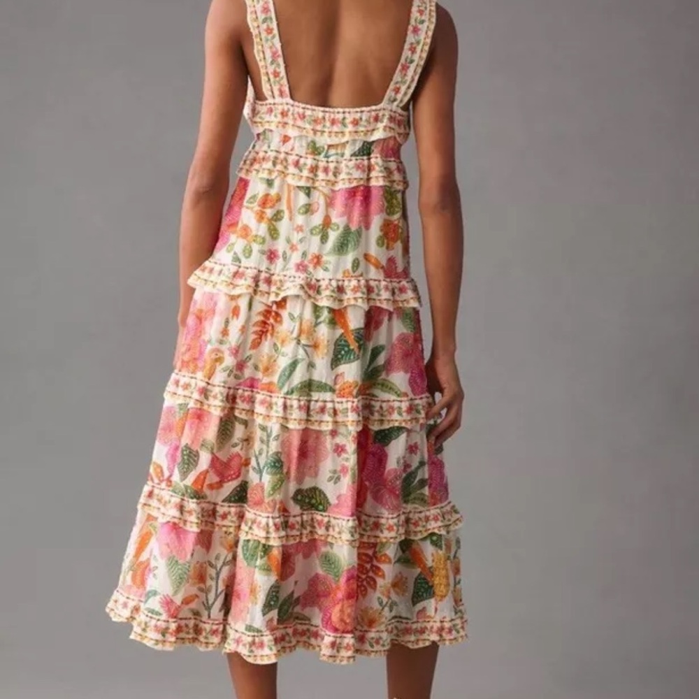 Anthropologie Farm Rio Square Neck Tiered Ruffle Dress Floral Birds - Picture 2 of 6